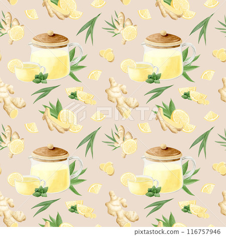 Ginger lemon tea brewing in glass teapot watercolor seamless pattern on pastel beige or peach background. Hand drawn organic antioxidant hot drink in elegant cup Ginger lemon tea brewing in glass teapot watercolor seamless pattern on pastel beige or peach background. Hand drawn organic antioxidant hot drink in elegant cup 116757946