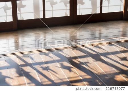 The shadow of a windmill reflected in the wooden floor The shadow of a windmill reflected in the wooden floor 116758077