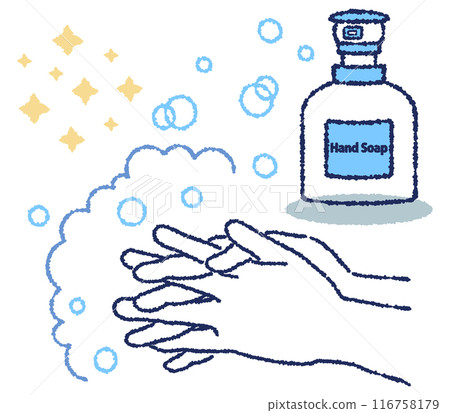 Color illustration of washing hands with foam coming out of a hand soap bottle 116758179
