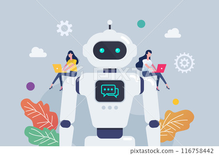 People control android robot on robots shoulder. People control android robot on robots shoulder. 116758442
