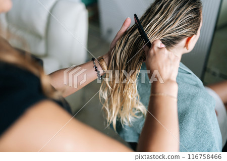 Close-up of unrecognizable hairstylist brushing wet long hair with hairbrush after washing. Closeup of blonde female client getting hair dressed in beauty salon. Concept of fashion hairstyling. 116758466