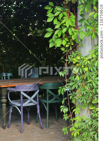 Painted vintage chairs and table under canopy in garden. Nature and recreation. Country plot in summer.  116758619