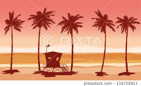 Beach landscape with Lifeguard Tower, Station. Palms, sea, ocean, coast view 116758921