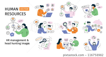 Vector illustration set of human resources scenes. Hiring, interviews, candidate search, and personnel management. Cartoon, flat style. Perfect for HR, recruitment, teamwork, and business themes 116758982