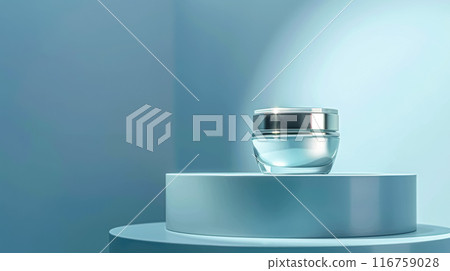 Cosmetic cream in a glass jar on a blue backdrop. Skin care concept. Background for beauty products 116759028