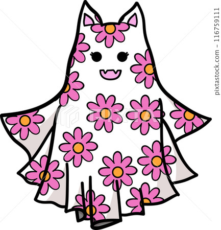 Cute cartoon cat ghost with pink flowers pattern in Halloween	 116759111