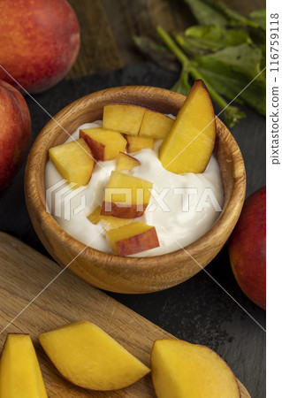 yogurt and cow's milk and nectarine slices yogurt and cow's milk and nectarine slices 116759118