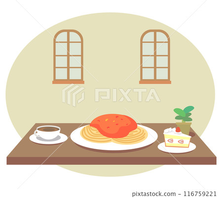 Illustration of pasta, coffee and cake served in a cafe 116759221