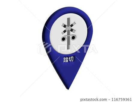 Map pin, 3D, railroad crossing, railroad crossing marker, pictogram, map symbol illustration 116759361