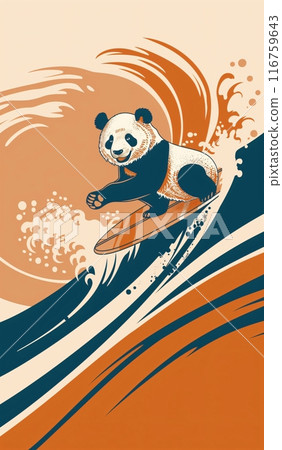 Funny panda bear surfing on blue ocean wave 116759643