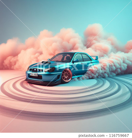 Dynamic image of a car performing a rubberburning drift, captured with studio lighting 116759667
