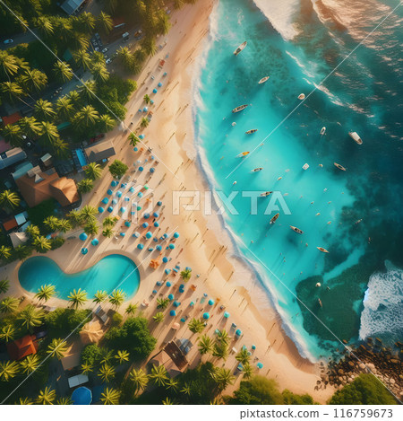 Aerial view of a tropical beach with turquoise water, tourists enjoying the sun, and boats sailing on the ocean Aerial view of a tropical beach with turquoise water, tourists enjoying the sun, and boats sailing on the ocean 116759673