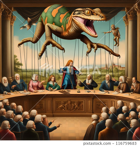Elected officials manipulated by a giant lizard and a small devil at a table, while their colleagues observe 116759683