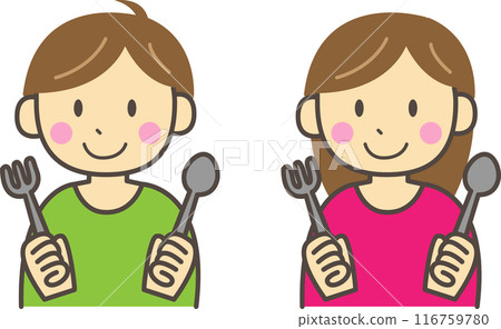一個男孩和一個女孩拿著湯匙和叉子的插圖 一個男孩和一個女孩拿著湯匙和叉子的插圖 116759780