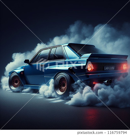 Highperformance car executing a powerful drift, creating a dramatic cloud of smoke under studio lighting 116759794