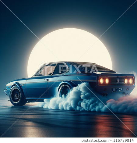 Capturing highenergy car drift with rubber burnout in a studio, illuminated by dramatic backlighting Capturing highenergy car drift with rubber burnout in a studio, illuminated by dramatic backlighting 116759814
