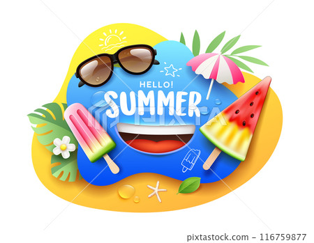 Watermelon ice cream Summer holiday present, cool sweet fresh, on blue and yellow poster flyer Watermelon ice cream Summer holiday present, cool sweet fresh, on blue and yellow poster flyer 116759877