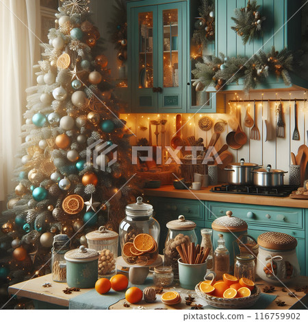 Rustic kitchen with turquoise furniture decorated for christmas with a lot of lights, ornaments, garlands and delicious winter treats 116759902