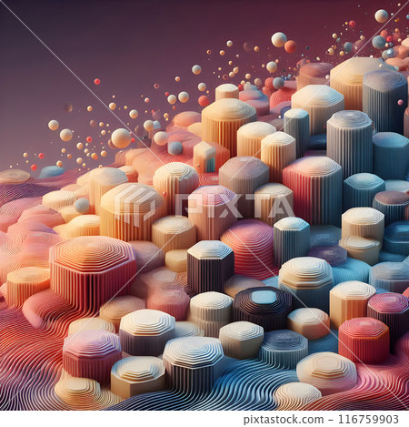 3d abstract landscape with hexagon shapes creating a wavy terrain and floating spheres colorful illustration 116759903