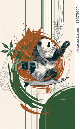 Giant panda surfing on a wave with bamboo and leaves in the background 116759904