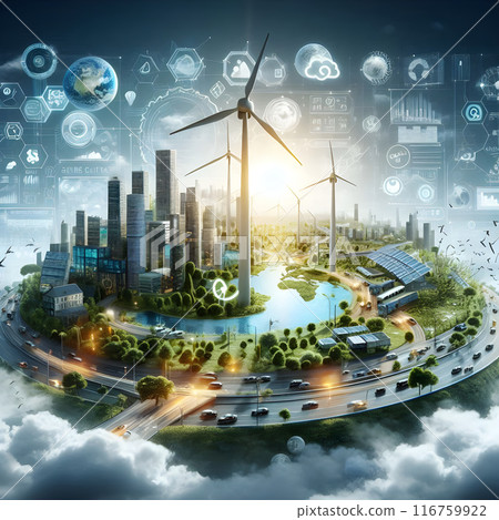 Futuristic cityscape powered by wind turbines and solar panels, showcasing sustainable urban living and innovative technology 116759922