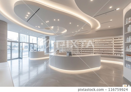 Modern pharmacy. Premises of a pharmacy with an assortment of medicines. Medical centre. 116759924