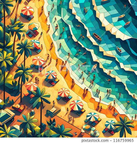 Tourists enjoying summer vacation on a sunny beach with palm trees, waves and boats in a geometric style 116759965