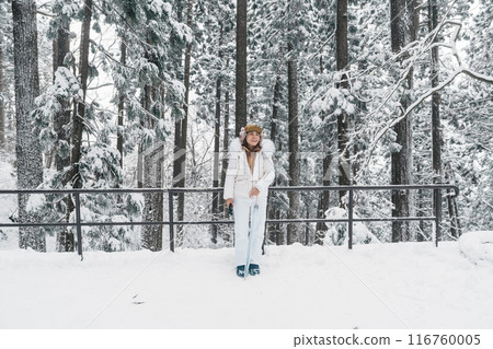 Woman tourist sightseeing in Pine trees forest with snow in winter season. Winter travel and vacation concept 116760005
