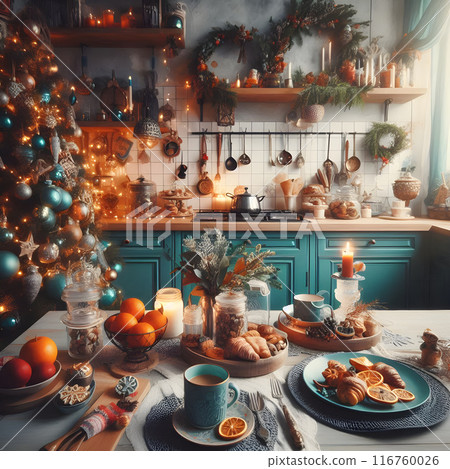 Christmas breakfast table setting with coffee, croissants, and fruit in a cozy kitchen decorated for the holidays 116760026
