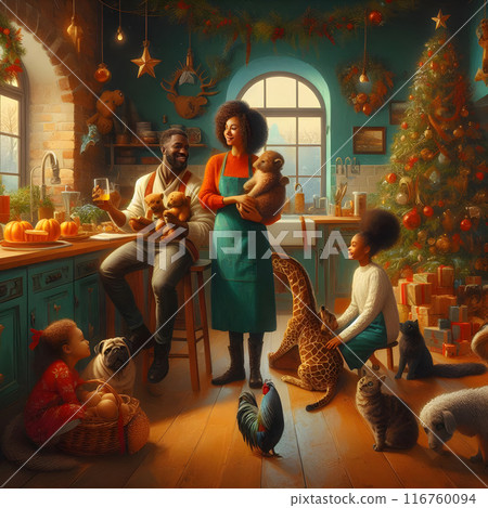Family enjoying a cozy christmas morning in their kitchen, surrounded by their beloved pets Family enjoying a cozy christmas morning in their kitchen, surrounded by their beloved pets 116760094