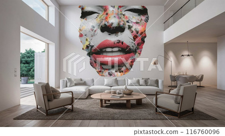 Modern living room interior wall art , windows overlooking breathtaking twilight milky way night sky 116760096