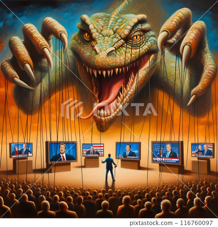 Political manipulation, giant reptile pulling the strings on political screens 116760097