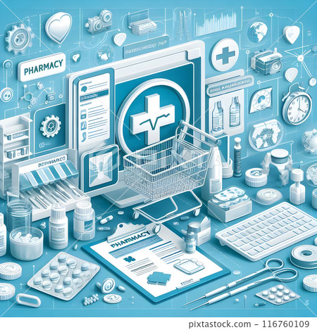 Illustrating the future of healthcare, online pharmacy and telemedicine concepts explored in this illustration 116760109