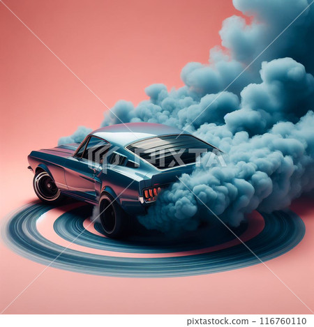 Classic muscle car performs a drifting maneuver with blue smoke swirls on a pink background 116760110