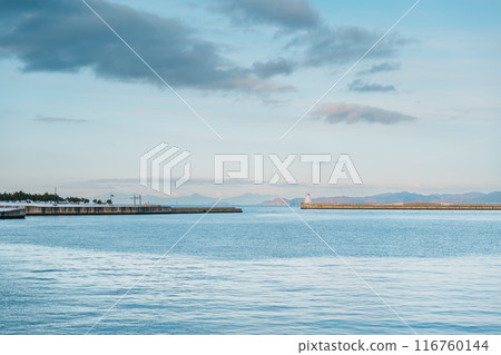 view of ocean and mountains with snow in winter at Aomori Bay Bridge Locate in the city of Aomori in Aomori Prefecture, Japan 116760144