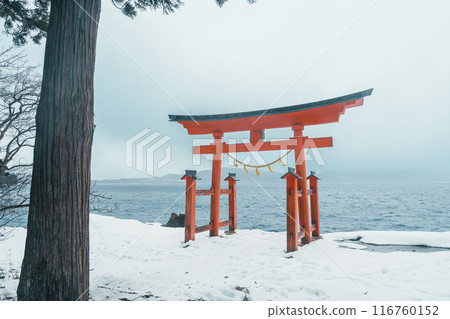 Red Japanese Torii gate of Goza no Ishi Shrine at lake tazawa in winter, located in Semboku city, Akita Prefecture, northern Japan. Landmark and famous for tourists attractions in Tohoku region, Japan 116760152