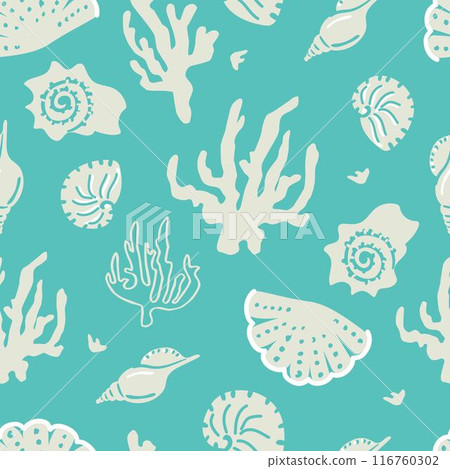 Marine seamless pattern. Underwater world. Shells and corals vector background. 116760302