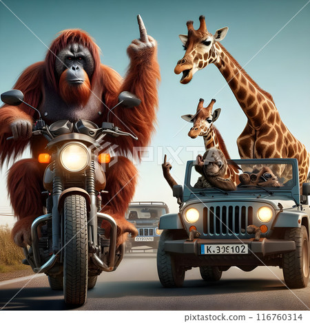 Orangutan is riding a motorcycle with attitude, while his giraffe friends enjoy a ride in a convertible, giving the finger to other drivers 116760314