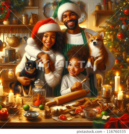 Happy family baking christmas cookies together in their cozy kitchen 116760335