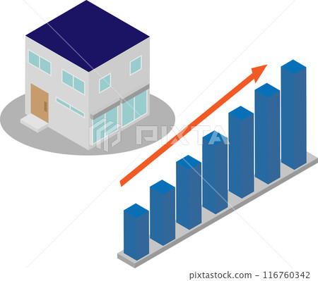 Illustration of an isometric detached house and an upward trend bar graph 116760342