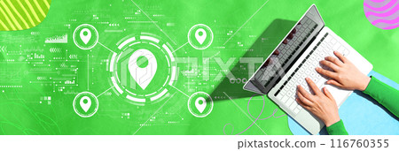 Map pin concept with person using a laptop 116760355