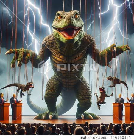 Giant reptile puppet master controls politicians on stage during a heated debate, captivating the mesmerized crowd with themes of power, corruption, and conspiracy 116760395