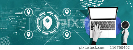 Map pin concept with person using a laptop 116760402