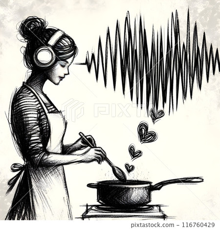 Hand drawn illustration of a young woman cooking with passion while listening to music on her headphones 116760429