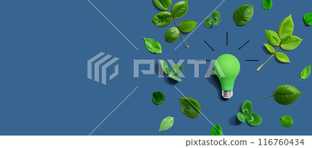 Green light bulb with green leaves 116760434