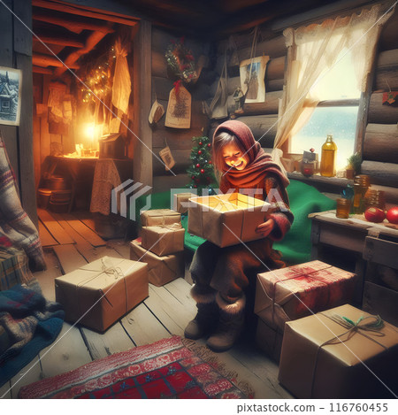Girl in a red hood opens a glowing christmas gift in a cozy log cabin, surrounded by festive warmth and childhood joy. Snow outside adds to the cozy charm of the scene Girl in a red hood opens a glowing christmas gift in a cozy log cabin, surrounded by festive warmth and childhood joy. Snow outside adds to the cozy charm of the scene 116760455