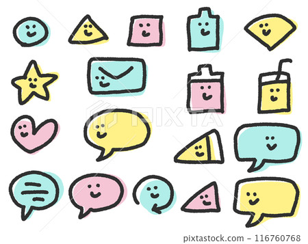 Cute icon set of doodle-style speech bubbles, batteries, emails, and symbols - Smile Cute icon set of doodle-style speech bubbles, batteries, emails, and symbols - Smile 116760768