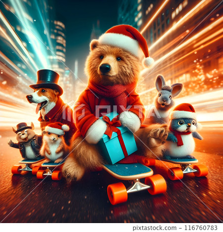 Group of festive animals skateboarding through the city at night, led by a bear in a santa hat with a christmas present 116760783