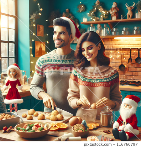 Happy couple wearing matching sweaters baking christmas cookies together in their kitchen 116760797