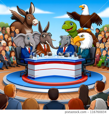 Political debate among cartoon animals with audience watching 116760834